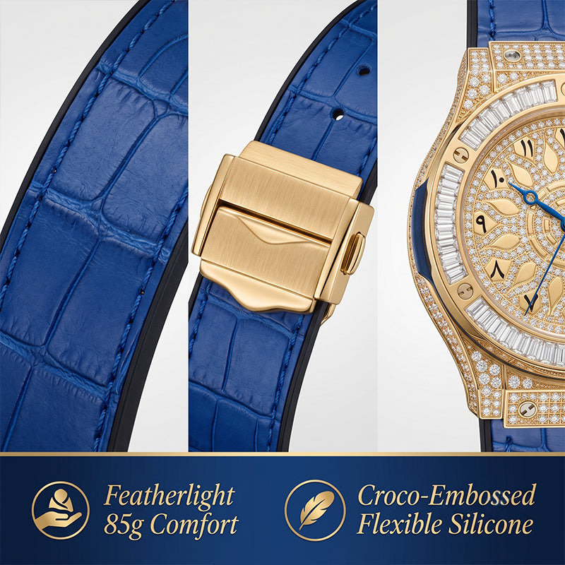 KDW KDW2369 Live Edition Men's Iced Out Eastern Arabic Quartz Watch - 42mm Case Baguette Bezel Pave Dial 3H Date Silicone Strap Wristwatch