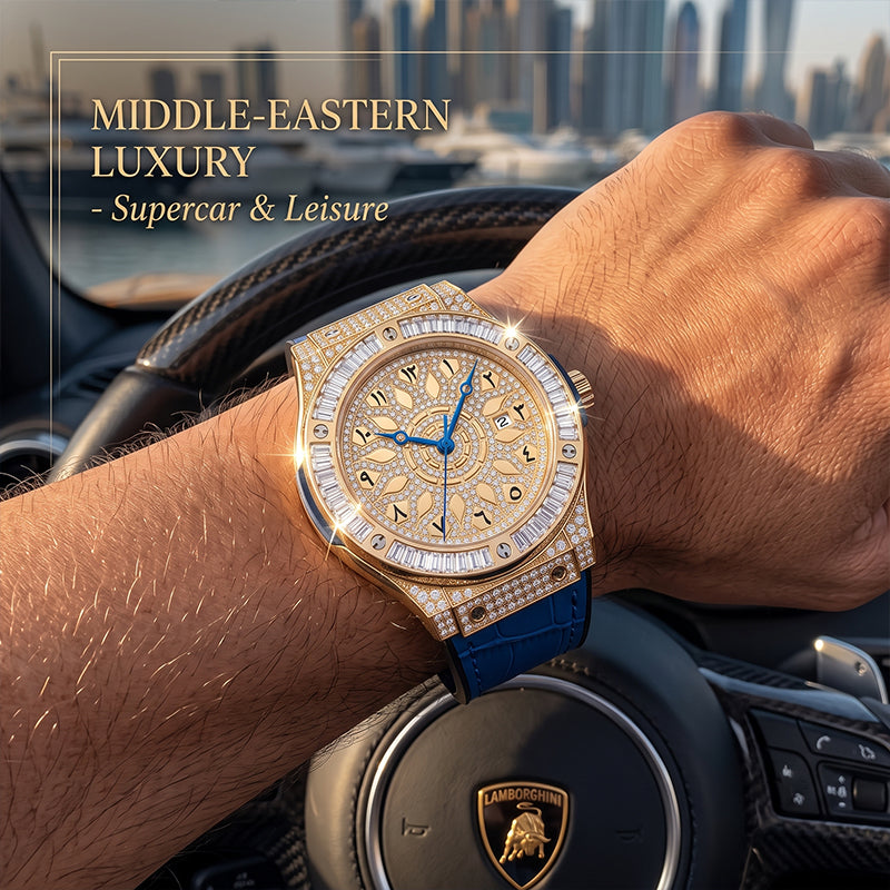 KDW KDW2369 Live Edition Men's Iced Out Eastern Arabic Quartz Watch - 42mm Case Baguette Bezel Pave Dial 3H Date Silicone Strap Wristwatch