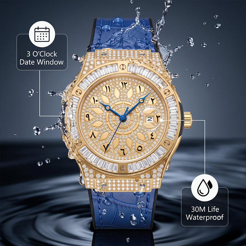 KDW KDW2369 Live Edition Men's Iced Out Eastern Arabic Quartz Watch - 42mm Case Baguette Bezel Pave Dial 3H Date Silicone Strap Wristwatch