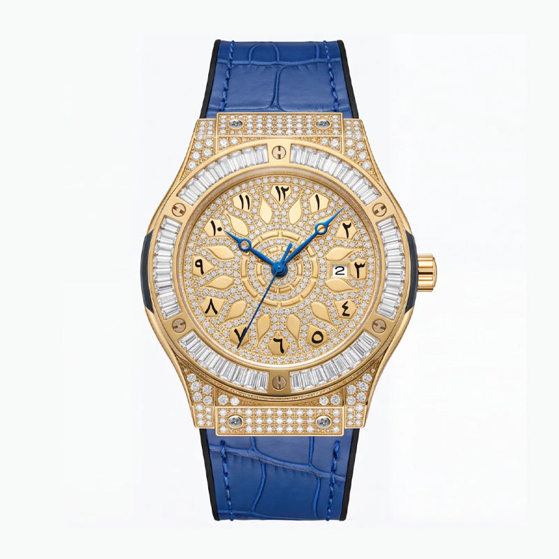 KDW KDW2369 Live Edition Men's Iced Out Eastern Arabic Quartz Watch - 42mm Case Baguette Bezel Pave Dial 3H Date Silicone Strap Wristwatch
