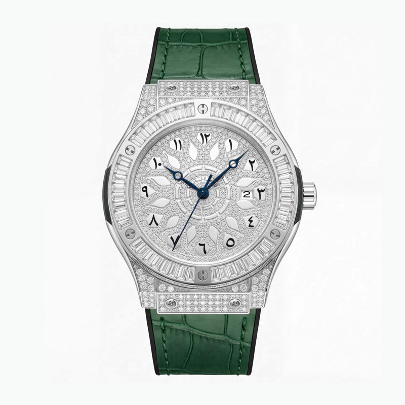 KDW KDW2369 Live Edition Men's Iced Out Eastern Arabic Quartz Watch - 42mm Case Baguette Bezel Pave Dial 3H Date Silicone Strap Wristwatch