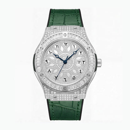 KDW KDW2369 Live Edition Men's Iced Out Eastern Arabic Quartz Watch - 42mm Case Baguette Bezel Pave Dial 3H Date Silicone Strap Wristwatch