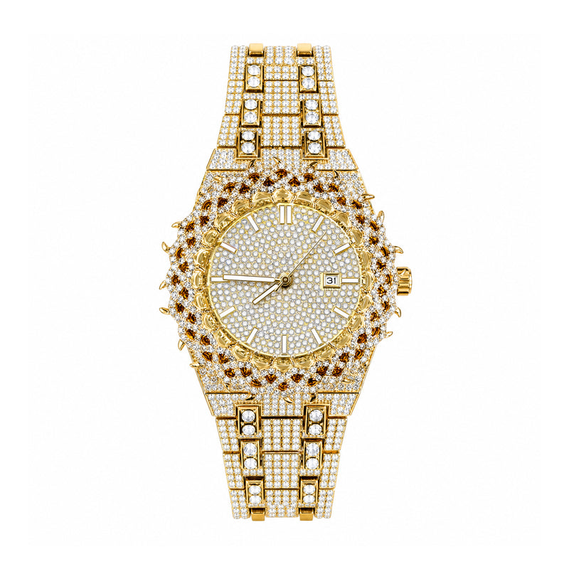 KDW KDW2427 Live Edition Men's Iced Out Watch - Luxury Spiked Starburst Bezel Pave Dial Baguette Crystals 3H Date Heavy Metal Band Hiphop Wristwatch