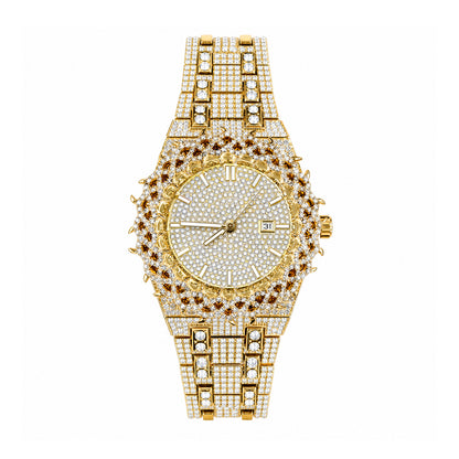 KDW KDW2427 Live Edition Men's Iced Out Watch - Luxury Spiked Starburst Bezel Pave Dial Baguette Crystals 3H Date Heavy Metal Band Hiphop Wristwatch