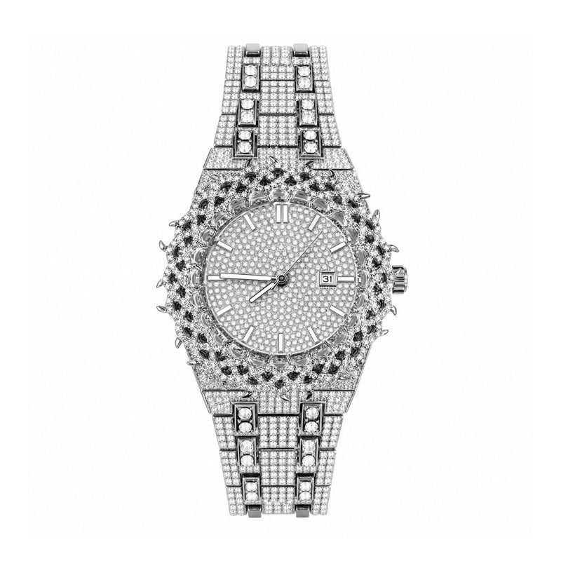 KDW KDW2427 Live Edition Men's Iced Out Watch - Luxury Spiked Starburst Bezel Pave Dial Baguette Crystals 3H Date Heavy Metal Band Hiphop Wristwatch