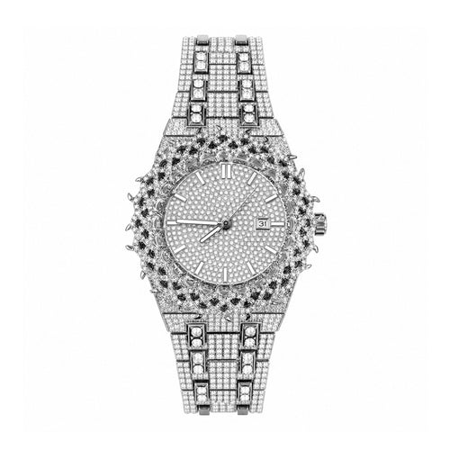 KDW KDW2427 Live Edition Men's Iced Out Watch - Luxury Spiked Starburst Bezel Pave Dial Baguette Crystals 3H Date Heavy Metal Band Hiphop Wristwatch