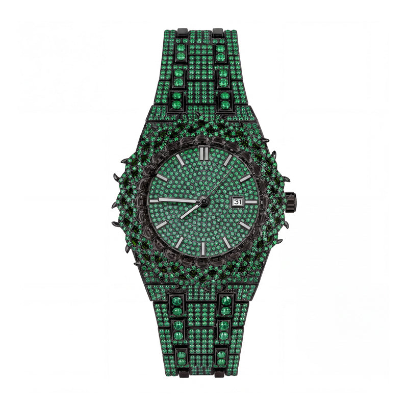 KDW KDW2427 Live Edition Men's Iced Out Watch - Luxury Spiked Starburst Bezel Pave Dial Baguette Crystals 3H Date Heavy Metal Band Hiphop Wristwatch