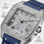 KDW KDW2577 Live Edition Men's Fully Iced Out Square Quartz Watch - 45mm Silver Case Roman Numerals Pave Diamond Dial 6H Date Window Riveted Silicone Strap Wristwatch