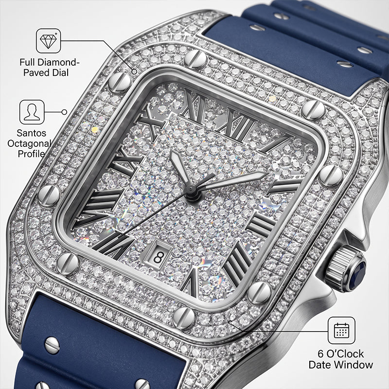 KDW KDW2577 Live Edition Men's Fully Iced Out Square Quartz Watch - 45mm Silver Case Roman Numerals Pave Diamond Dial 6H Date Window Riveted Silicone Strap Wristwatch