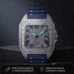 KDW KDW2577 Live Edition Men's Fully Iced Out Square Quartz Watch - 45mm Silver Case Roman Numerals Pave Diamond Dial 6H Date Window Riveted Silicone Strap Wristwatch