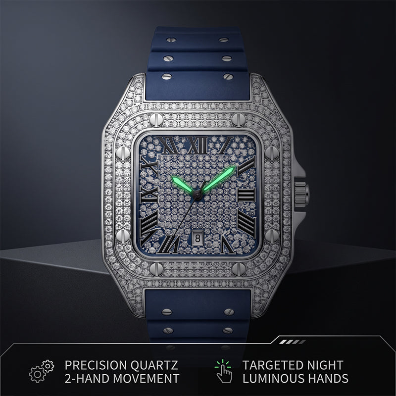 KDW KDW2577 Live Edition Men's Fully Iced Out Square Quartz Watch - 45mm Silver Case Roman Numerals Pave Diamond Dial 6H Date Window Riveted Silicone Strap Wristwatch
