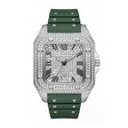 KDW KDW2577 Live Edition Men's Fully Iced Out Square Quartz Watch - 45mm Silver Case Roman Numerals Pave Diamond Dial 6H Date Window Riveted Silicone Strap Wristwatch