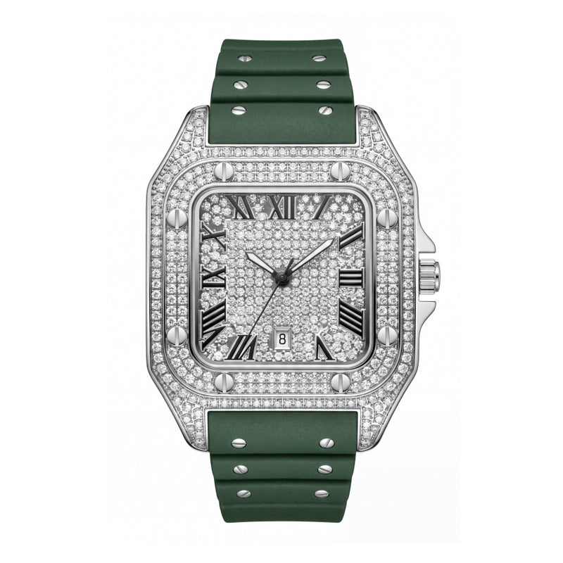 KDW KDW2577 Live Edition Men's Fully Iced Out Square Quartz Watch - 45mm Silver Case Roman Numerals Pave Diamond Dial 6H Date Window Riveted Silicone Strap Wristwatch