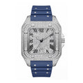KDW KDW2577 Live Edition Men's Fully Iced Out Square Quartz Watch - 45mm Silver Case Roman Numerals Pave Diamond Dial 6H Date Window Riveted Silicone Strap Wristwatch
