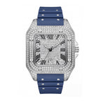 KDW KDW2577 Live Edition Men's Fully Iced Out Square Quartz Watch - 45mm Silver Case Roman Numerals Pave Diamond Dial 6H Date Window Riveted Silicone Strap Wristwatch