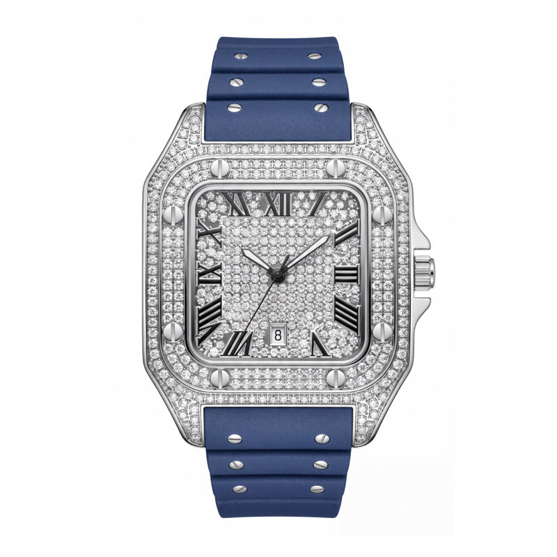 KDW KDW2577 Live Edition Men's Fully Iced Out Square Quartz Watch - 45mm Silver Case Roman Numerals Pave Diamond Dial 6H Date Window Riveted Silicone Strap Wristwatch