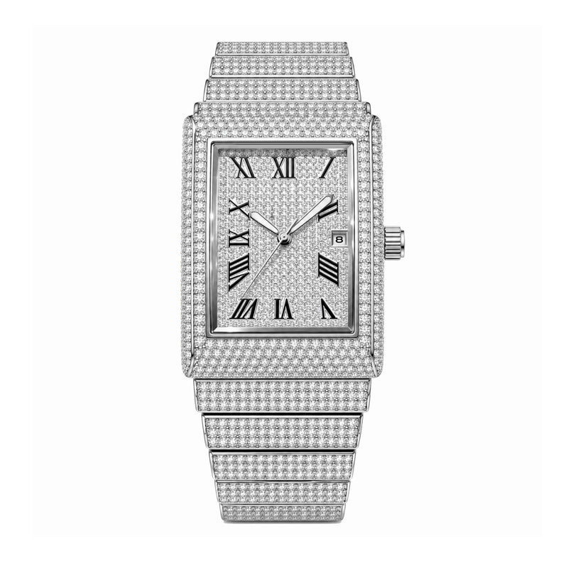 KDW KDW8315L Quartz Watch - Live Edition Women's Luxury 46mm Full Iced-Out Crystal Pavé Square Case Roman Numeral Day-Date Luminous Hands Fully Encrusted Link Bracelet Wristwatch