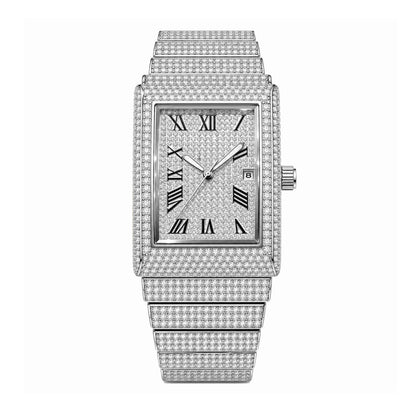 KDW KDW8315L Quartz Watch - Live Edition Women's Luxury 46mm Full Iced-Out Crystal Pavé Square Case Roman Numeral Day-Date Luminous Hands Fully Encrusted Link Bracelet Wristwatch