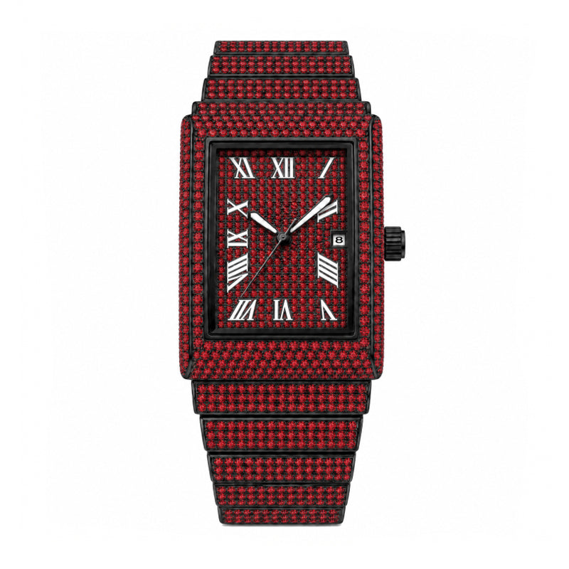 KDW KDW8315L Quartz Watch - Live Edition Women's Luxury 46mm Full Iced-Out Crystal Pavé Square Case Roman Numeral Day-Date Luminous Hands Fully Encrusted Link Bracelet Wristwatch