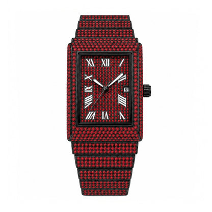 KDW KDW8315L Quartz Watch - Live Edition Women's Luxury 46mm Full Iced-Out Crystal Pavé Square Case Roman Numeral Day-Date Luminous Hands Fully Encrusted Link Bracelet Wristwatch