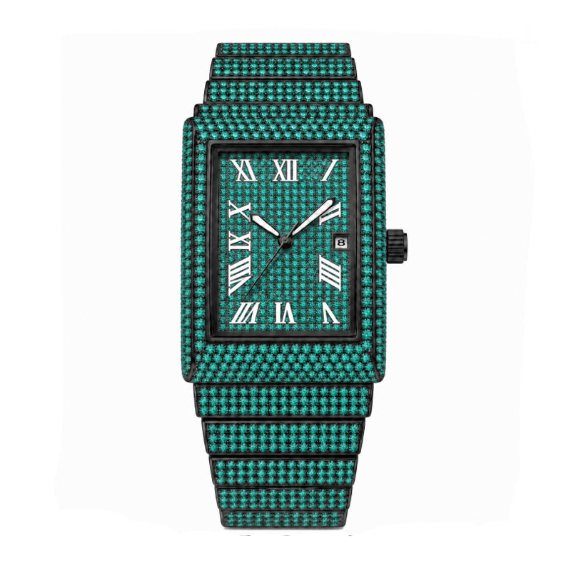 KDW KDW8315L Quartz Watch - Live Edition Women's Luxury 46mm Full Iced-Out Crystal Pavé Square Case Roman Numeral Day-Date Luminous Hands Fully Encrusted Link Bracelet Wristwatch