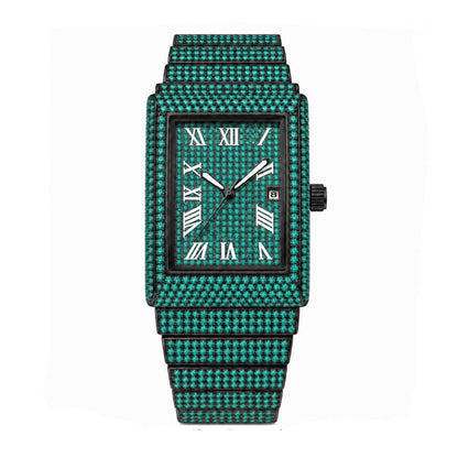 KDW KDW8315L Quartz Watch - Live Edition Women's Luxury 46mm Full Iced-Out Crystal Pavé Square Case Roman Numeral Day-Date Luminous Hands Fully Encrusted Link Bracelet Wristwatch