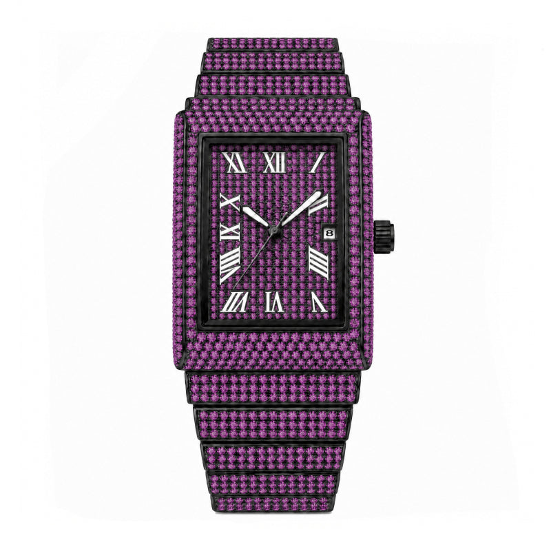 KDW KDW8315L Quartz Watch - Live Edition Women's Luxury 46mm Full Iced-Out Crystal Pavé Square Case Roman Numeral Day-Date Luminous Hands Fully Encrusted Link Bracelet Wristwatch