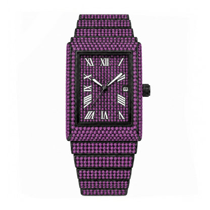 KDW KDW8315L Quartz Watch - Live Edition Women's Luxury 46mm Full Iced-Out Crystal Pavé Square Case Roman Numeral Day-Date Luminous Hands Fully Encrusted Link Bracelet Wristwatch