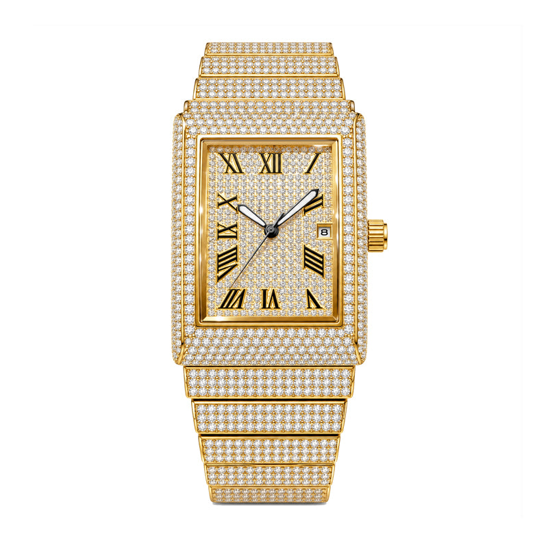 KDW KDW8315L Quartz Watch - Live Edition Women's Luxury 46mm Full Iced-Out Crystal Pavé Square Case Roman Numeral Day-Date Luminous Hands Fully Encrusted Link Bracelet Wristwatch
