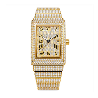 KDW KDW8315L Quartz Watch - Live Edition Women's Luxury 46mm Full Iced-Out Crystal Pavé Square Case Roman Numeral Day-Date Luminous Hands Fully Encrusted Link Bracelet Wristwatch
