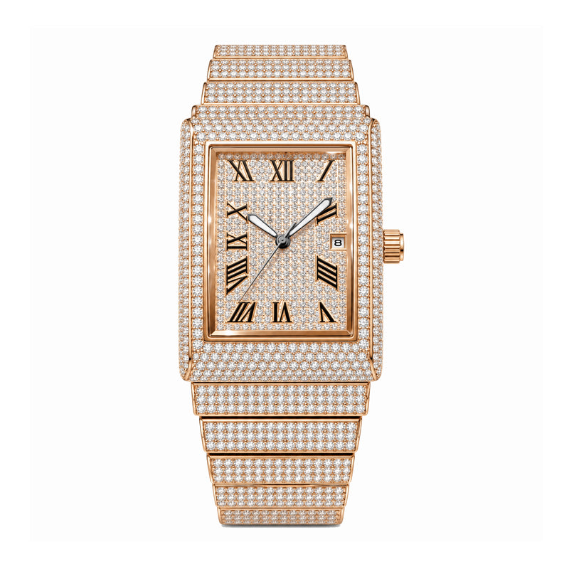 KDW KDW8315L Quartz Watch - Live Edition Women's Luxury 46mm Full Iced-Out Crystal Pavé Square Case Roman Numeral Day-Date Luminous Hands Fully Encrusted Link Bracelet Wristwatch