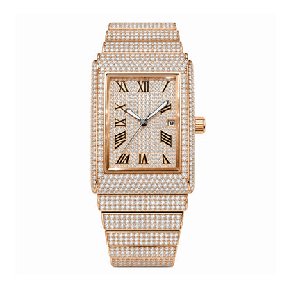 KDW KDW8315L Quartz Watch - Live Edition Women's Luxury 46mm Full Iced-Out Crystal Pavé Square Case Roman Numeral Day-Date Luminous Hands Fully Encrusted Link Bracelet Wristwatch