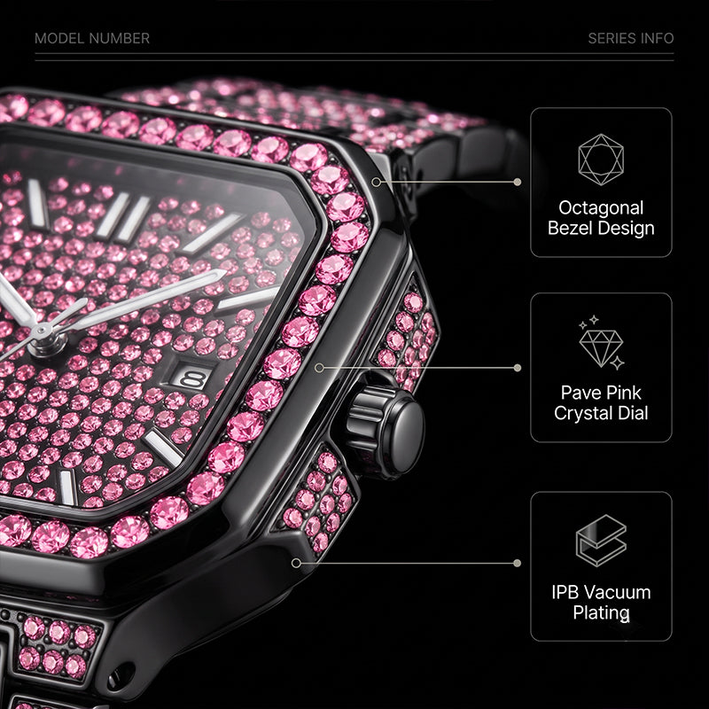KDW KDW8801 Live Edition Men's Fully Iced Out Octagonal Quartz Watch - 42x46mm Black IPB Case Colored Diamond Dial 3H Date Window Metal Band Wristwatch