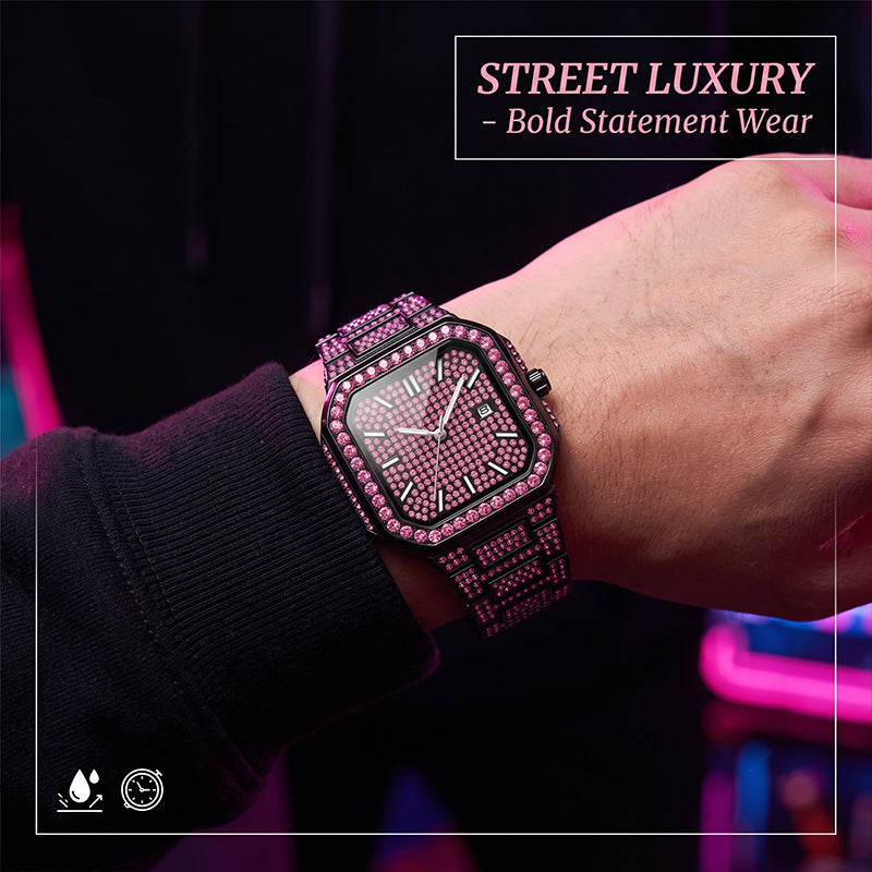 KDW KDW8801 Live Edition Men's Fully Iced Out Octagonal Quartz Watch - 42x46mm Black IPB Case Colored Diamond Dial 3H Date Window Metal Band Wristwatch
