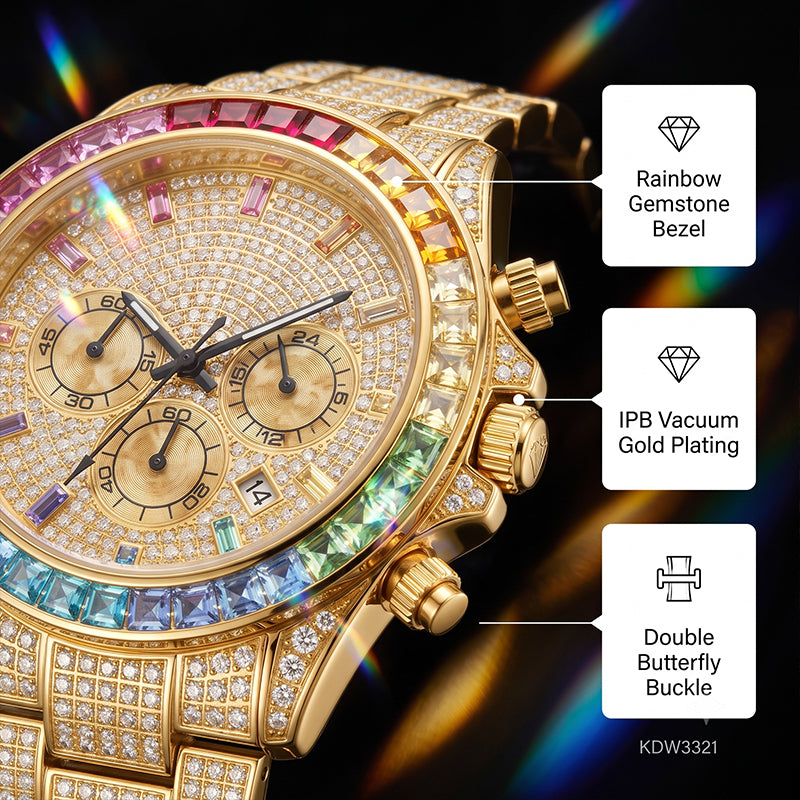 KDW KDW2396 Live Edition Men's Fully Iced Out Rainbow Bezel Quartz Watch - 43mm Case Multi-Function Chronograph Pave Dial 4:30 Date Window Metal Band Wristwatch