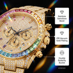 KDW KDW2396 Live Edition Men's Fully Iced Out Rainbow Bezel Quartz Watch - 43mm Case Multi-Function Chronograph Pave Dial 4:30 Date Window Metal Band Wristwatch