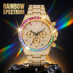KDW KDW2396 Live Edition Men's Fully Iced Out Rainbow Bezel Quartz Watch - 43mm Case Multi-Function Chronograph Pave Dial 4:30 Date Window Metal Band Wristwatch