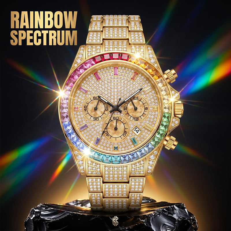 KDW KDW2396 Live Edition Men's Fully Iced Out Rainbow Bezel Quartz Watch - 43mm Case Multi-Function Chronograph Pave Dial 4:30 Date Window Metal Band Wristwatch