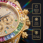 KDW KDW2396 Live Edition Men's Fully Iced Out Rainbow Bezel Quartz Watch - 43mm Case Multi-Function Chronograph Pave Dial 4:30 Date Window Metal Band Wristwatch