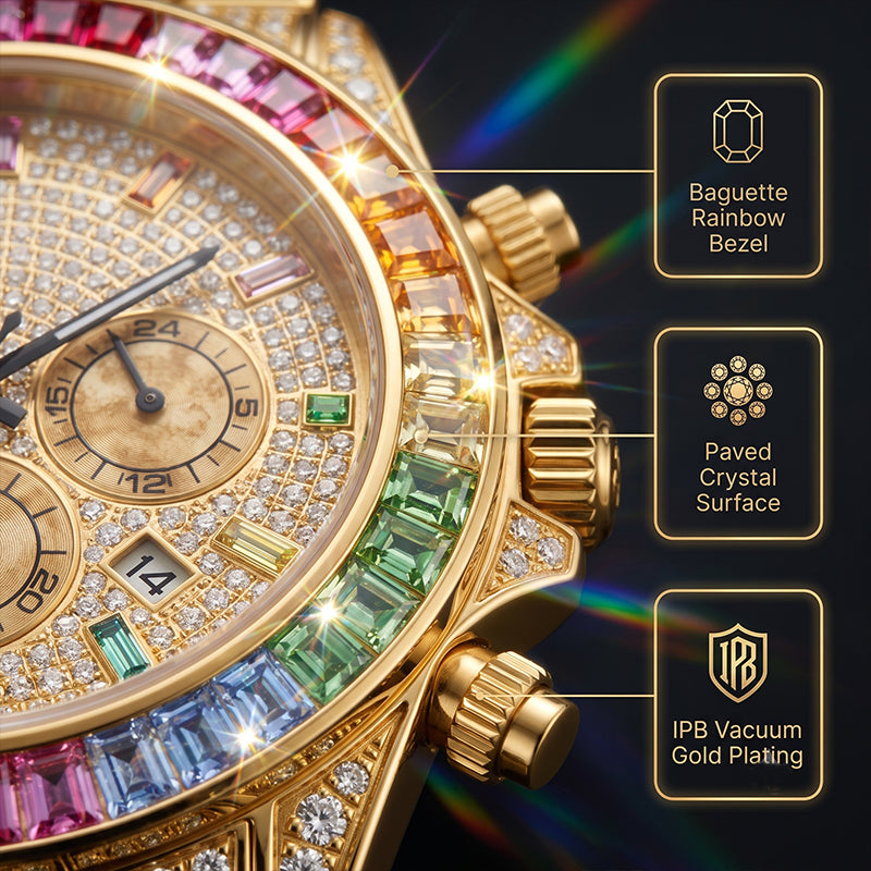 KDW KDW2396 Live Edition Men's Fully Iced Out Rainbow Bezel Quartz Watch - 43mm Case Multi-Function Chronograph Pave Dial 4:30 Date Window Metal Band Wristwatch
