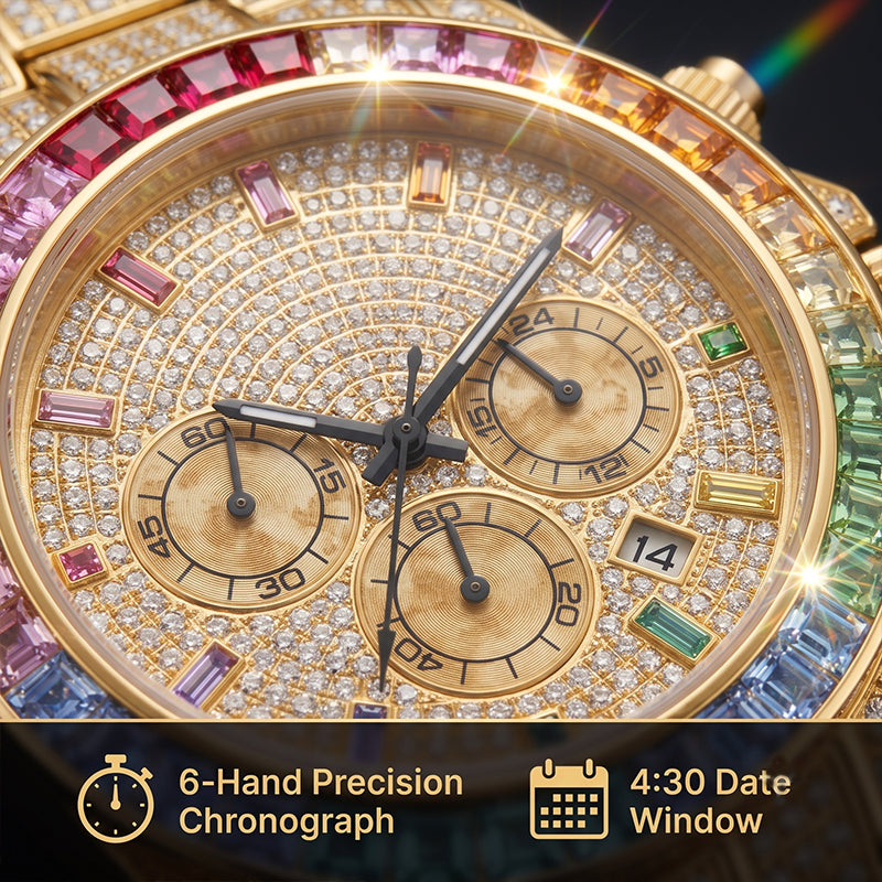 KDW KDW2396 Live Edition Men's Fully Iced Out Rainbow Bezel Quartz Watch - 43mm Case Multi-Function Chronograph Pave Dial 4:30 Date Window Metal Band Wristwatch