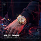KDW KDW2396 Live Edition Men's Fully Iced Out Rainbow Bezel Quartz Watch - 43mm Case Multi-Function Chronograph Pave Dial 4:30 Date Window Metal Band Wristwatch
