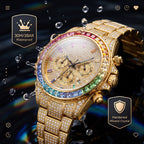 KDW KDW2396 Live Edition Men's Fully Iced Out Rainbow Bezel Quartz Watch - 43mm Case Multi-Function Chronograph Pave Dial 4:30 Date Window Metal Band Wristwatch
