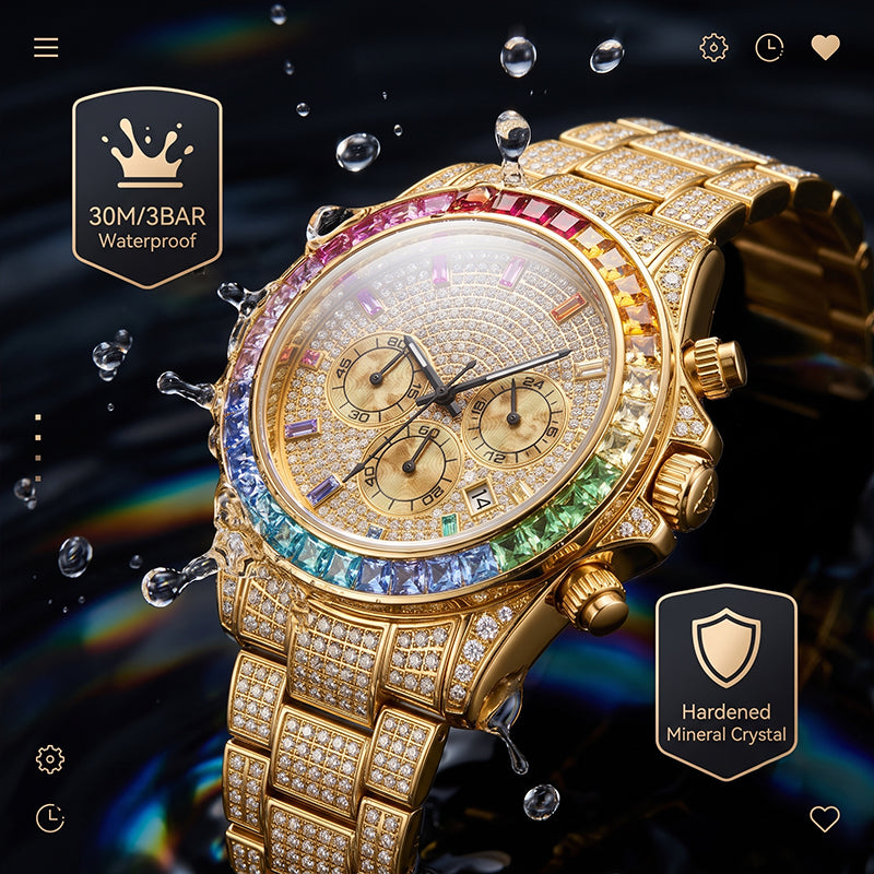 KDW KDW2396 Live Edition Men's Fully Iced Out Rainbow Bezel Quartz Watch - 43mm Case Multi-Function Chronograph Pave Dial 4:30 Date Window Metal Band Wristwatch