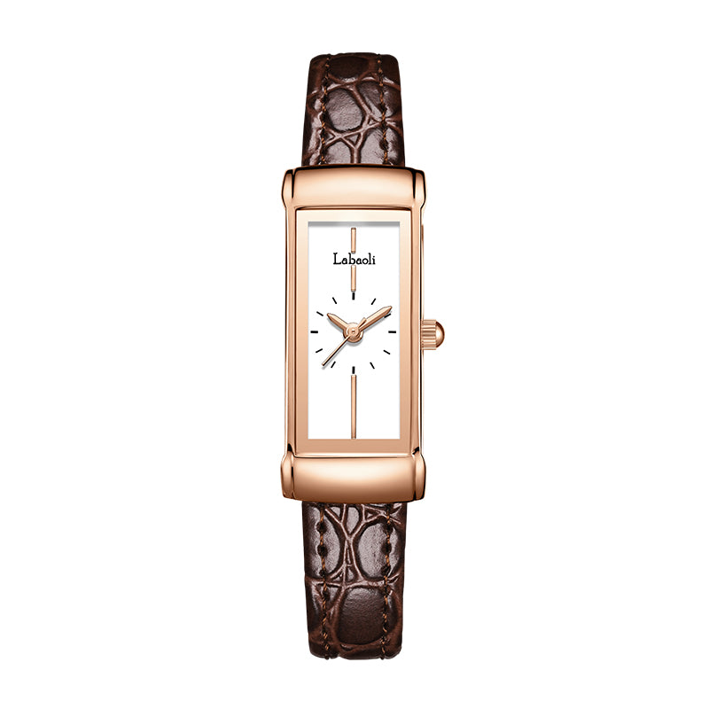 Labaoli LA426 Live Edition Women's Vintage Tank Quartz Watch - 16x39mm Rose Gold Case White Minimalist Dial Brown Leather Strap Wristwatch