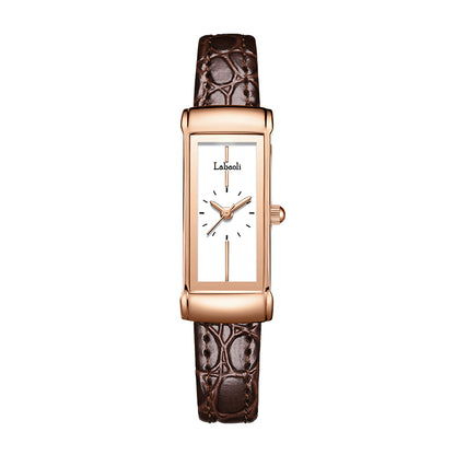 Labaoli LA426 Live Edition Women's Vintage Tank Quartz Watch - 16x39mm Rose Gold Case White Minimalist Dial Brown Leather Strap Wristwatch