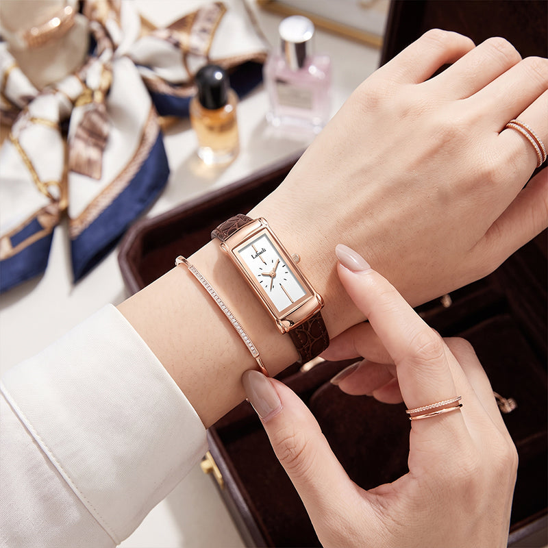 Labaoli LA426 Live Edition Women's Vintage Tank Quartz Watch - 16x39mm Rose Gold Case White Minimalist Dial Brown Leather Strap Wristwatch