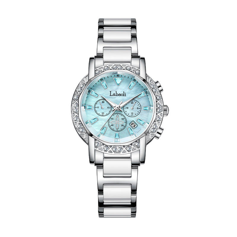 Labaoli LA559 Quartz Watch - Live Edition Women's Luxury 37mm Crystal-Encrusted Bezel Diamond-Cut Lens Chronograph Style Dial Slanted Date Two-Tone Link Bracelet Wristwatch