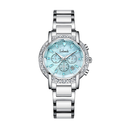 Labaoli LA559 Quartz Watch - Live Edition Women's Luxury 37mm Crystal-Encrusted Bezel Diamond-Cut Lens Chronograph Style Dial Slanted Date Two-Tone Link Bracelet Wristwatch
