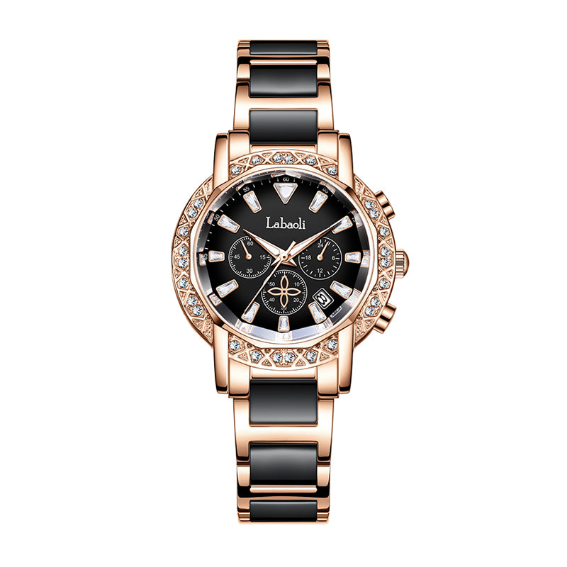 Labaoli LA559 Quartz Watch - Live Edition Women's Luxury 37mm Crystal-Encrusted Bezel Diamond-Cut Lens Chronograph Style Dial Slanted Date Two-Tone Link Bracelet Wristwatch